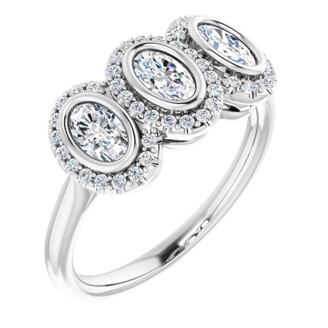 1.00 tcw Oval Moissanite DEF/VVS Halo Three Stone Anniversary Ring in PLAT | ViewA 1.00 tcw Oval Moissanite DEF/VVS Halo Three Stone Anniversary Ring in PLAT | ViewA