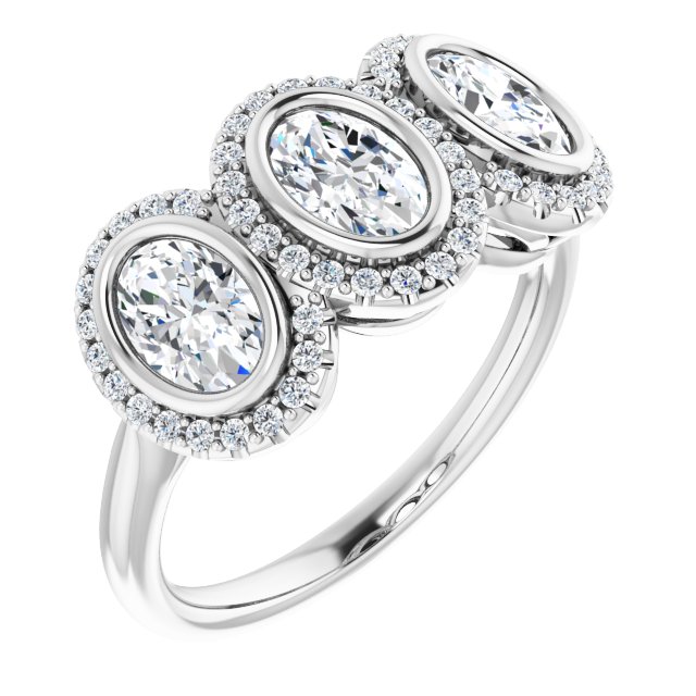 1.76 tcw Oval Lab-Grown D/VVS2+ Halo Three Stone Anniversary Ring in PLAT | ViewA 1.76 tcw Oval Lab-Grown D/VVS2+ Halo Three Stone Anniversary Ring in PLAT | ViewA