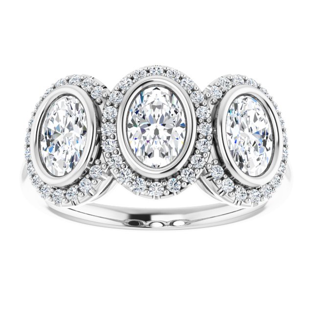 1.76 tcw Oval Lab-Grown D/VVS2+ Halo Three Stone Anniversary Ring in PLAT | ViewS 1.76 tcw Oval Lab-Grown D/VVS2+ Halo Three Stone Anniversary Ring in PLAT | ViewS