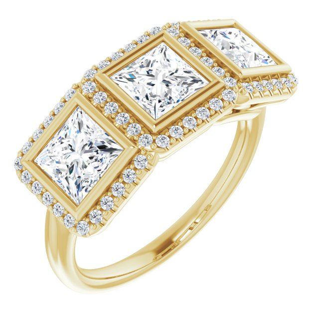 2.69 tcw Square Lab-Grown EF/VS1+ Halo Three Stone Anniversary Ring in 14KY | ViewA