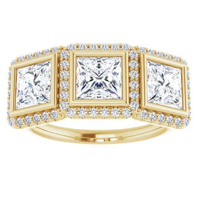 2.69 tcw Square Lab-Grown EF/VS1+ Halo Three Stone Anniversary Ring in 14KY | ViewS