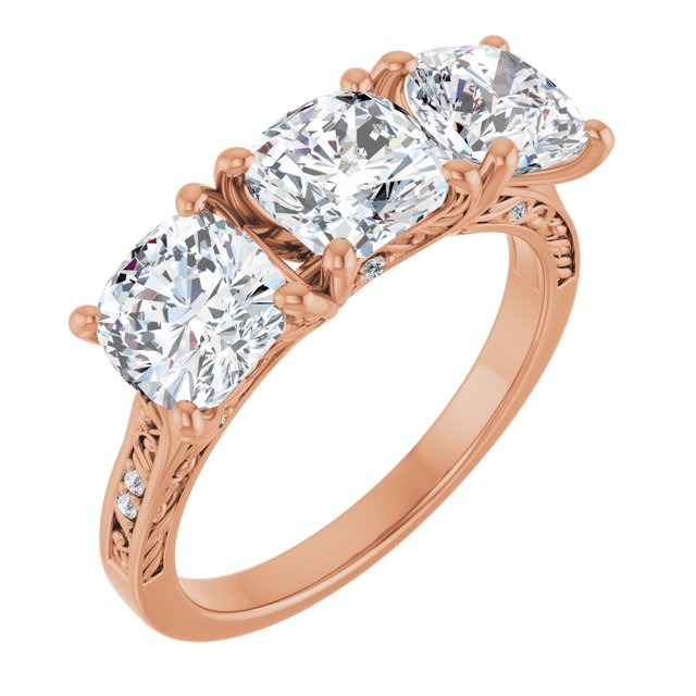 3.34 tcw Cushion Diamond D/VVS2+ Engraved Three Stone Engagement Ring in 14KR | ViewA