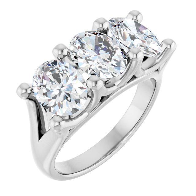 4.50 tcw Oval Moissanite DEF/VVS Suspended Three Stone Anniversary Ring in 14KW | ViewA