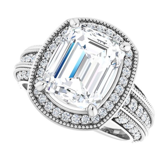4.22 Tcw Emerald Moissanite DEF/VVS Milgrain Vintage Engagement Ring in 14KW | View5 4.22 Tcw Emerald Moissanite DEF/VVS Milgrain Vintage Engagement Ring in 14KW | View5
