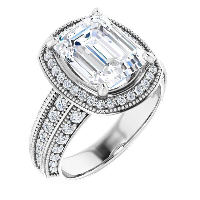 4.22 Tcw Emerald Moissanite DEF/VVS Milgrain Vintage Engagement Ring in 14KW | ViewA 4.22 Tcw Emerald Moissanite DEF/VVS Milgrain Vintage Engagement Ring in 14KW | ViewA