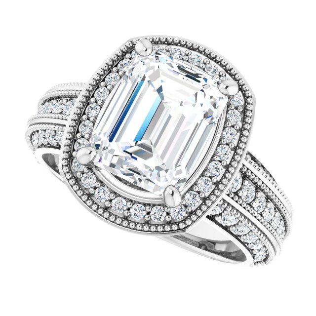 3.14 Tcw Emerald Moissanite DEF/VVS Milgrain Vintage Engagement Ring in PLAT | View5 3.14 Tcw Emerald Moissanite DEF/VVS Milgrain Vintage Engagement Ring in PLAT | View5
