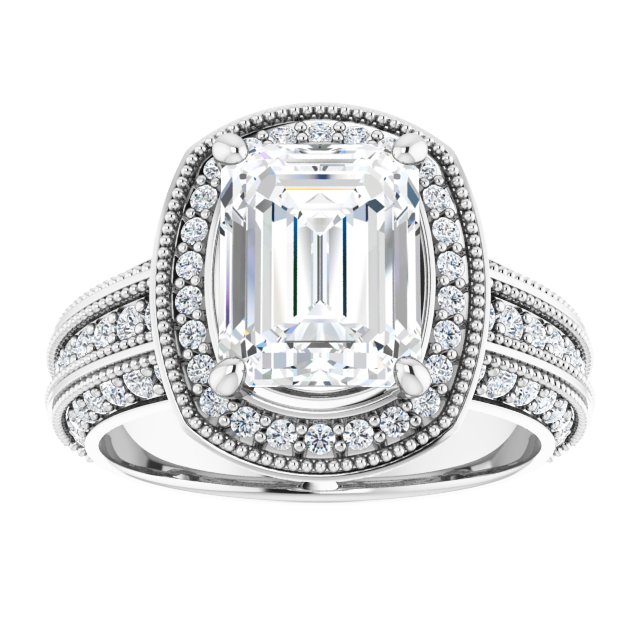 3.14 Tcw Emerald Moissanite DEF/VVS Milgrain Vintage Engagement Ring in PLAT | ViewS 3.14 Tcw Emerald Moissanite DEF/VVS Milgrain Vintage Engagement Ring in PLAT | ViewS