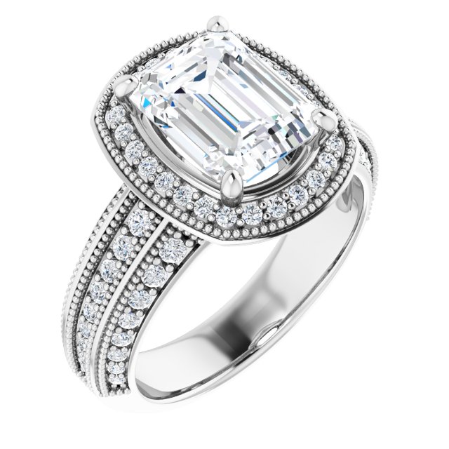 3.14 Tcw Emerald Moissanite DEF/VVS Milgrain Vintage Engagement Ring in PLAT | ViewA 3.14 Tcw Emerald Moissanite DEF/VVS Milgrain Vintage Engagement Ring in PLAT | ViewA