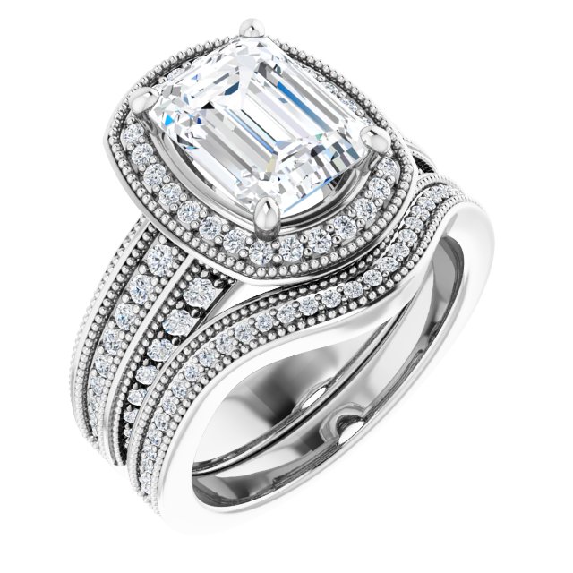 3.14 Tcw Emerald Moissanite DEF/VVS Milgrain Vintage Engagement Ring in PLAT | AllComponents_ViewA 3.14 Tcw Emerald Moissanite DEF/VVS Milgrain Vintage Engagement Ring in PLAT | AllComponents_ViewA