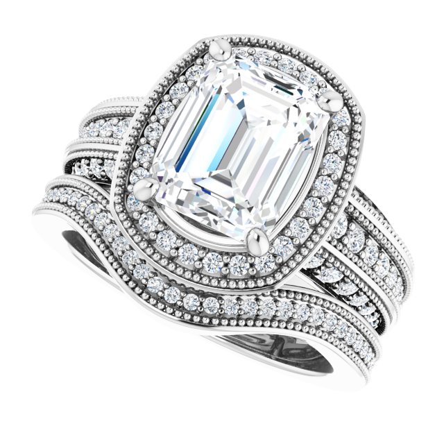 3.14 Tcw Emerald Moissanite DEF/VVS Milgrain Vintage Engagement Ring in PLAT | AllComponents_View5 3.14 Tcw Emerald Moissanite DEF/VVS Milgrain Vintage Engagement Ring in PLAT | AllComponents_View5