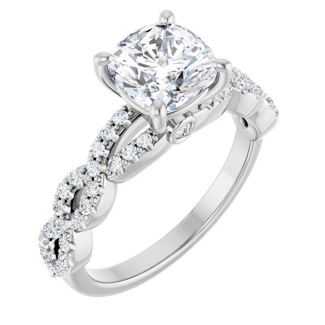 2.07 Cushion Diamond D/VVS2+ Twisted Sidestone Engagement Ring in 18KW | ViewA 2.07 Cushion Diamond D/VVS2+ Twisted Sidestone Engagement Ring in 18KW | ViewA