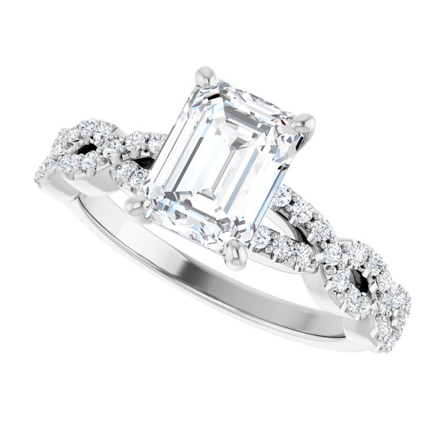 2.12 Emerald Moissanite DEF/VVS Twisted Sidestone Engagement Ring in 18KW | View5 2.12 Emerald Moissanite DEF/VVS Twisted Sidestone Engagement Ring in 18KW | View5
