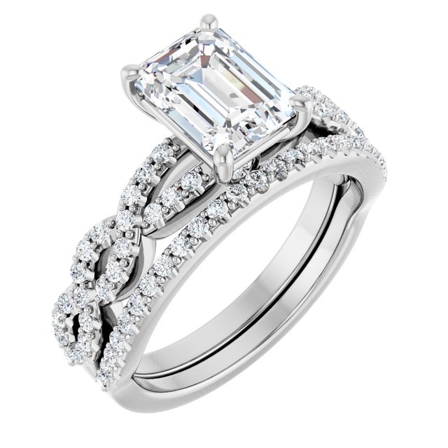2.12 Emerald Moissanite DEF/VVS Twisted Sidestone Engagement Ring in 18KW | AllComponents_ViewA 2.12 Emerald Moissanite DEF/VVS Twisted Sidestone Engagement Ring in 18KW | AllComponents_ViewA