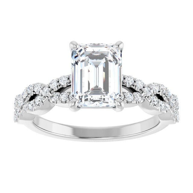 2.12 Emerald Moissanite DEF/VVS Twisted Sidestone Engagement Ring in 18KW | ViewS 2.12 Emerald Moissanite DEF/VVS Twisted Sidestone Engagement Ring in 18KW | ViewS
