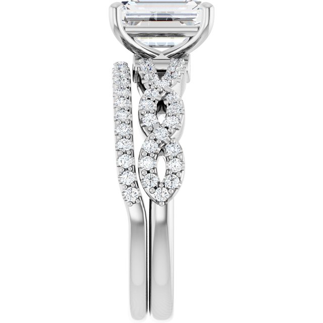 2.12 Emerald Moissanite DEF/VVS Twisted Sidestone Engagement Ring in 18KW | AllComponents_ViewE 2.12 Emerald Moissanite DEF/VVS Twisted Sidestone Engagement Ring in 18KW | AllComponents_ViewE