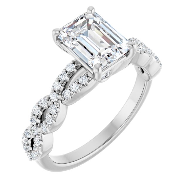 2.12 Emerald Moissanite DEF/VVS Twisted Sidestone Engagement Ring in 18KW | ViewA 2.12 Emerald Moissanite DEF/VVS Twisted Sidestone Engagement Ring in 18KW | ViewA