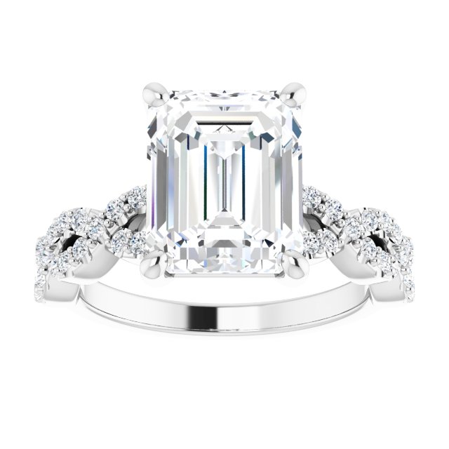 4.00 Emerald Moissanite DEF/VVS Twisted Sidestone Engagement Ring in 14KW | ViewS 4.00 Emerald Moissanite DEF/VVS Twisted Sidestone Engagement Ring in 14KW | ViewS
