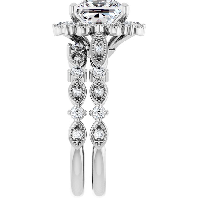 2.37 Tcw Square Moissanite DEF/VVS Floral Halo Engagement Ring in PLAT | AllComponents_ViewE 2.37 Tcw Square Moissanite DEF/VVS Floral Halo Engagement Ring in PLAT | AllComponents_ViewE