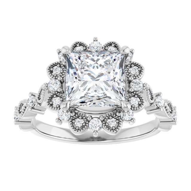 2.37 Tcw Square Moissanite DEF/VVS Floral Halo Engagement Ring in PLAT | ViewS 2.37 Tcw Square Moissanite DEF/VVS Floral Halo Engagement Ring in PLAT | ViewS