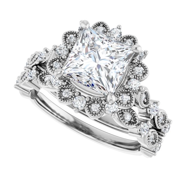 2.37 Tcw Square Moissanite DEF/VVS Floral Halo Engagement Ring in PLAT | AllComponents_View5 2.37 Tcw Square Moissanite DEF/VVS Floral Halo Engagement Ring in PLAT | AllComponents_View5