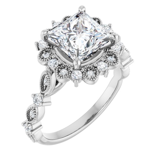 2.37 Tcw Square Moissanite DEF/VVS Floral Halo Engagement Ring in PLAT | ViewA 2.37 Tcw Square Moissanite DEF/VVS Floral Halo Engagement Ring in PLAT | ViewA