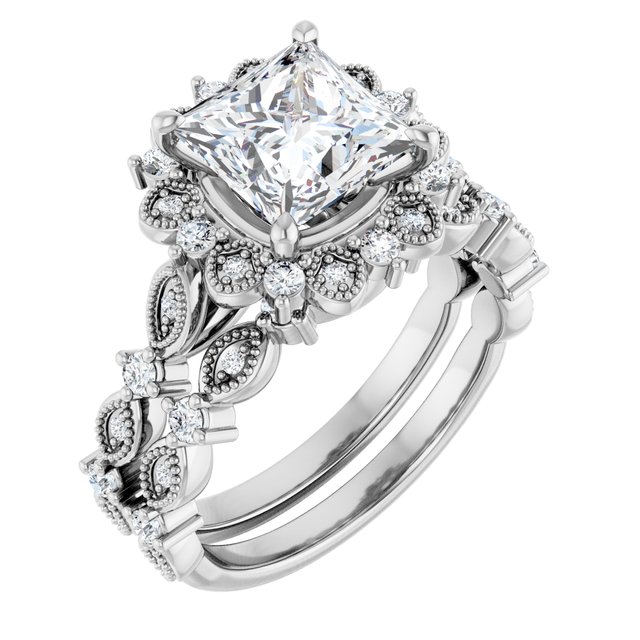 2.37 Tcw Square Moissanite DEF/VVS Floral Halo Engagement Ring in PLAT | AllComponents_ViewA 2.37 Tcw Square Moissanite DEF/VVS Floral Halo Engagement Ring in PLAT | AllComponents_ViewA