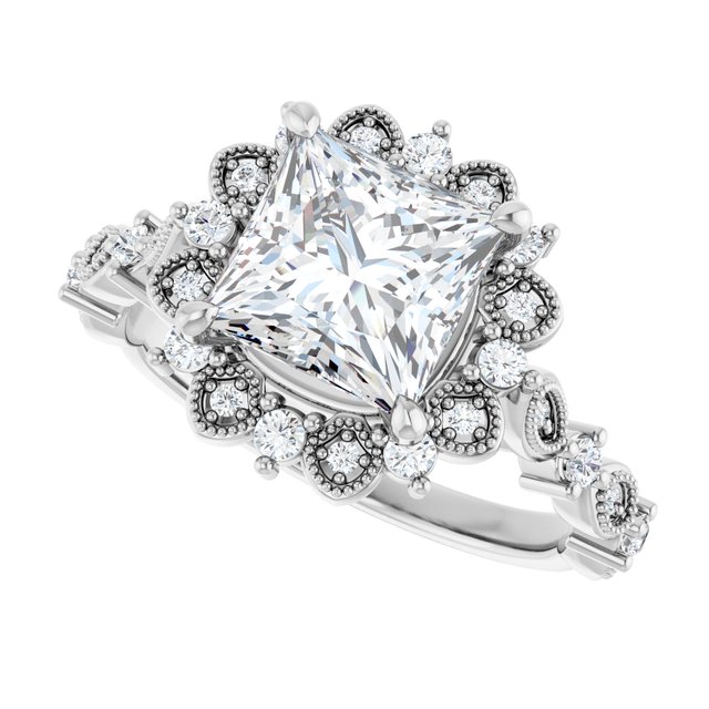 2.37 Tcw Square Moissanite DEF/VVS Floral Halo Engagement Ring in PLAT | View5 2.37 Tcw Square Moissanite DEF/VVS Floral Halo Engagement Ring in PLAT | View5