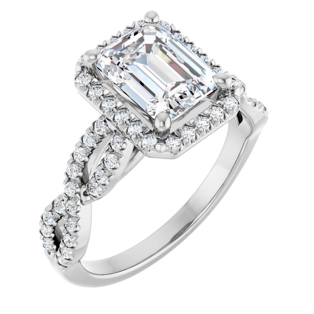 2.16 Tcw Emerald Moissanite DEF/VVS Infinity Halo Engagement Ring in 14KW | ViewA 2.16 Tcw Emerald Moissanite DEF/VVS Infinity Halo Engagement Ring in 14KW | ViewA