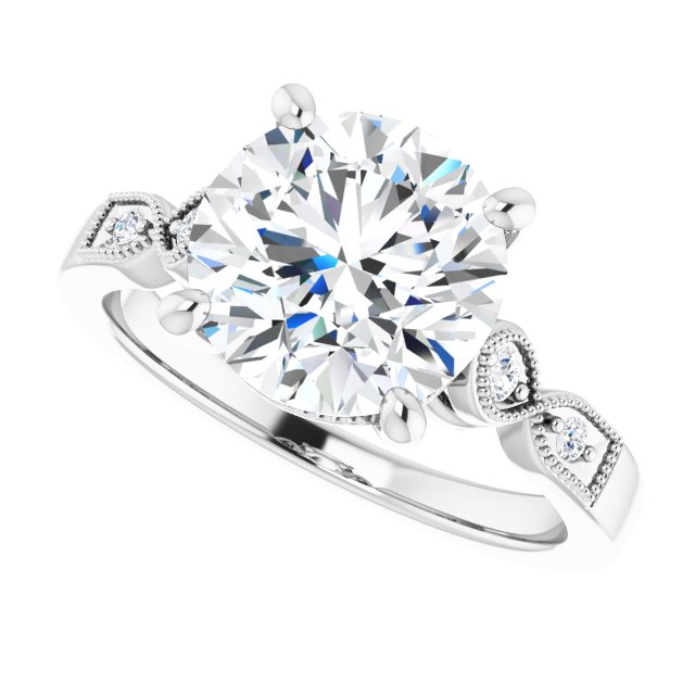 3.17 Round Diamond EF/VS1+ Vintage Sidestone Engagement Ring in 14KW | View5 3.17 Round Diamond EF/VS1+ Vintage Sidestone Engagement Ring in 14KW | View5