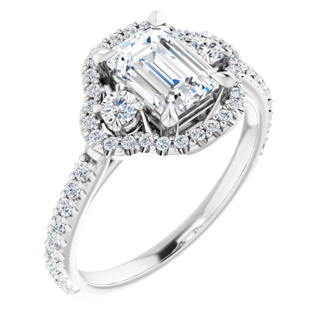 1.50 tcw Emerald Lab-Grown GH/VS2+ Halo Three Stone Engagement Ring in 14KW | ViewA