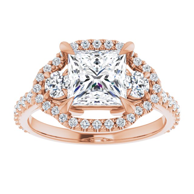 2.38 tcw Square Lab-Grown D/VVS2+ Halo Three Stone Engagement Ring in 18KR | ViewS