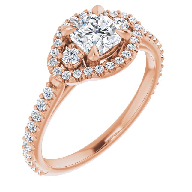 1.04 tcw Cushion Diamond GH/VS2+ Halo Three Stone Engagement Ring in 18KR | ViewA 1.04 tcw Cushion Diamond GH/VS2+ Halo Three Stone Engagement Ring in 18KR | ViewA
