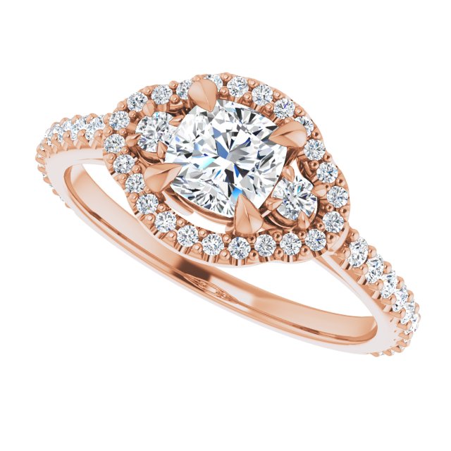 1.04 tcw Cushion Diamond GH/VS2+ Halo Three Stone Engagement Ring in 18KR | View5 1.04 tcw Cushion Diamond GH/VS2+ Halo Three Stone Engagement Ring in 18KR | View5