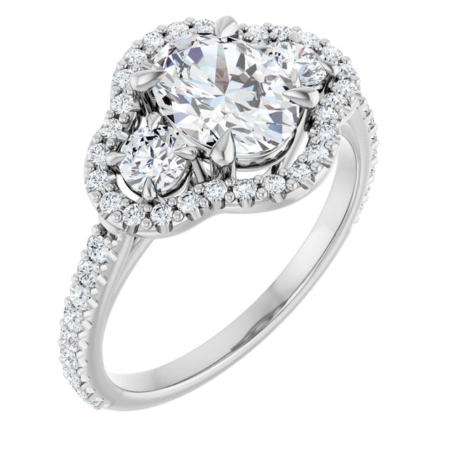 2.17 tcw Oval Moissanite DEF/VVS Halo Three Stone Engagement Ring in PLAT | ViewA