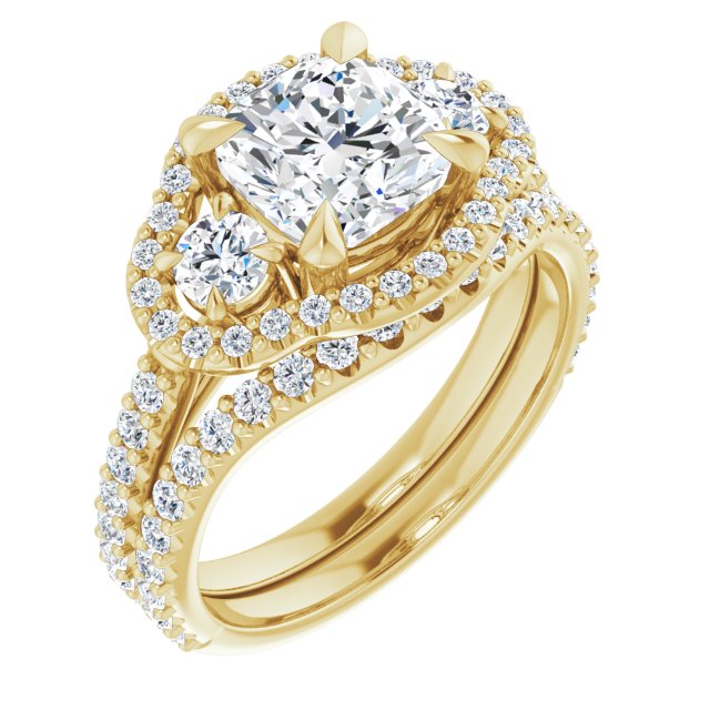 2.38 tcw Cushion Diamond D/VVS2+ Halo Three Stone Engagement Ring in 14KY | AllComponents_ViewA 2.38 tcw Cushion Diamond D/VVS2+ Halo Three Stone Engagement Ring in 14KY | AllComponents_ViewA