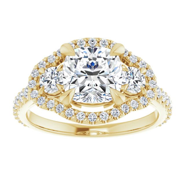 2.38 tcw Cushion Diamond D/VVS2+ Halo Three Stone Engagement Ring in 14KY | ViewS 2.38 tcw Cushion Diamond D/VVS2+ Halo Three Stone Engagement Ring in 14KY | ViewS