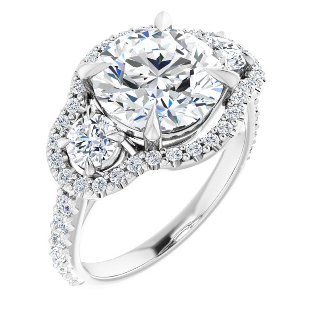 4.12 tcw Round Moissanite DEF/VVS Halo Three Stone Engagement Ring in 14KW | ViewA 4.12 tcw Round Moissanite DEF/VVS Halo Three Stone Engagement Ring in 14KW | ViewA