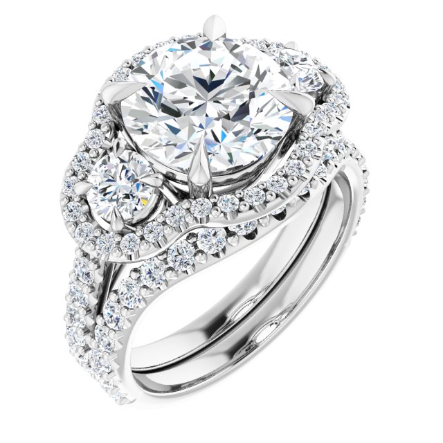 4.12 tcw Round Moissanite DEF/VVS Halo Three Stone Engagement Ring in 14KW | AllComponents_ViewA 4.12 tcw Round Moissanite DEF/VVS Halo Three Stone Engagement Ring in 14KW | AllComponents_ViewA