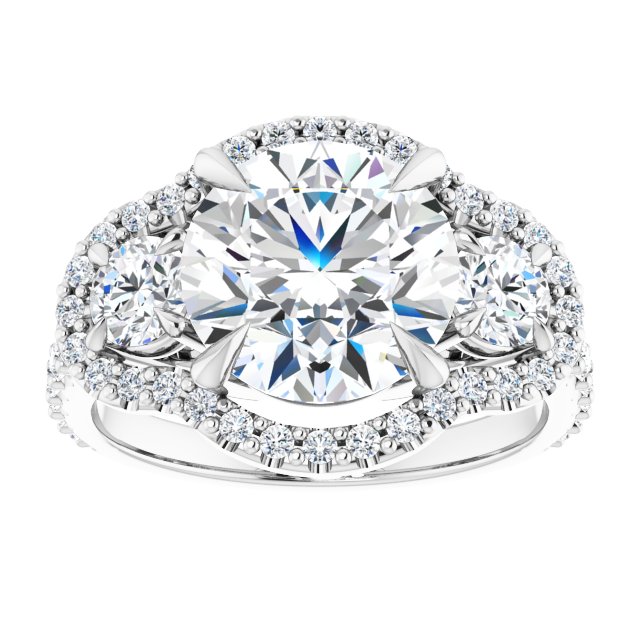 4.12 tcw Round Moissanite DEF/VVS Halo Three Stone Engagement Ring in 14KW | ViewS 4.12 tcw Round Moissanite DEF/VVS Halo Three Stone Engagement Ring in 14KW | ViewS