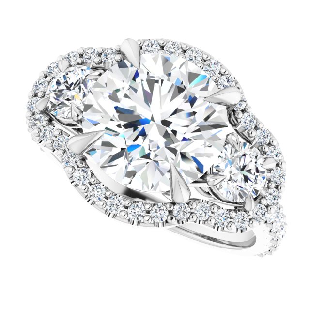 4.12 tcw Round Moissanite DEF/VVS Halo Three Stone Engagement Ring in 14KW | View5 4.12 tcw Round Moissanite DEF/VVS Halo Three Stone Engagement Ring in 14KW | View5