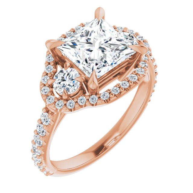 2.90 tcw Square Lab-Grown D/VVS2+ Halo Three Stone Engagement Ring in 14KR | ViewA 2.90 tcw Square Lab-Grown D/VVS2+ Halo Three Stone Engagement Ring in 14KR | ViewA