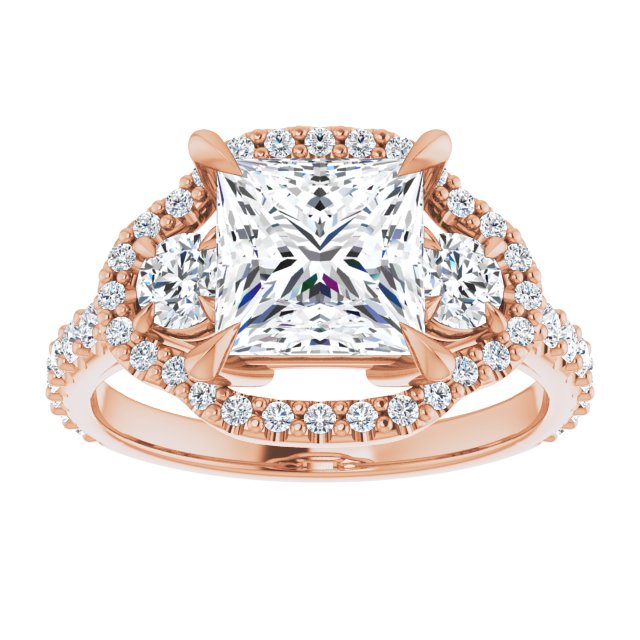 2.90 tcw Square Lab-Grown D/VVS2+ Halo Three Stone Engagement Ring in 14KR | ViewS 2.90 tcw Square Lab-Grown D/VVS2+ Halo Three Stone Engagement Ring in 14KR | ViewS