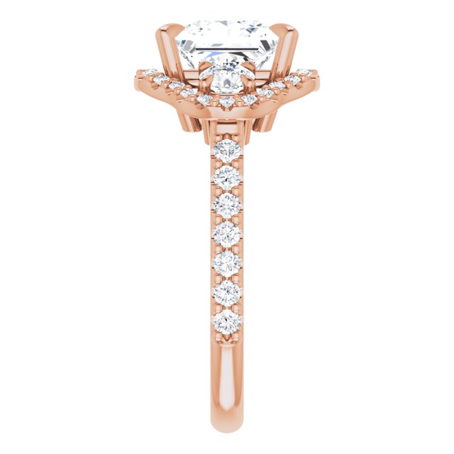 2.90 tcw Square Lab-Grown D/VVS2+ Halo Three Stone Engagement Ring in 14KR | ViewE 2.90 tcw Square Lab-Grown D/VVS2+ Halo Three Stone Engagement Ring in 14KR | ViewE