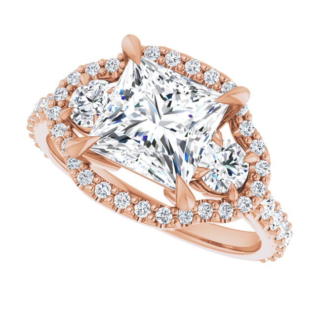 2.90 tcw Square Lab-Grown D/VVS2+ Halo Three Stone Engagement Ring in 14KR | View5 2.90 tcw Square Lab-Grown D/VVS2+ Halo Three Stone Engagement Ring in 14KR | View5