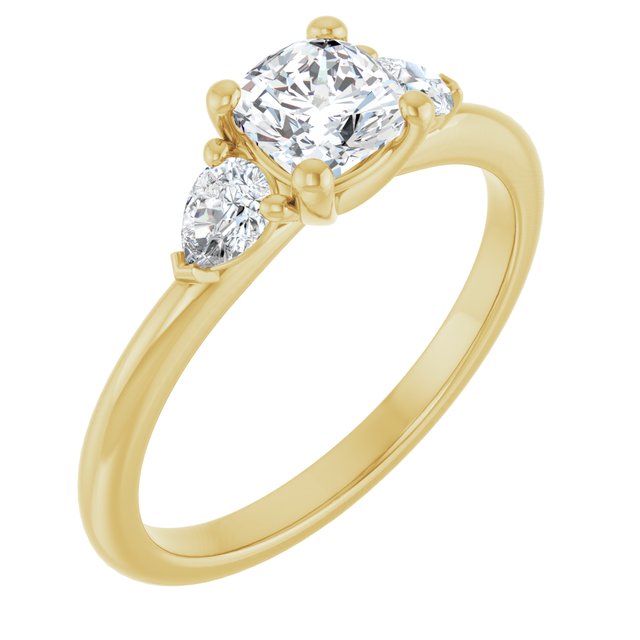 0.96 tcw Cushion Diamond EF/VS1+ Cathedral Three Stone Engagement Ring in 18KY | ViewA
