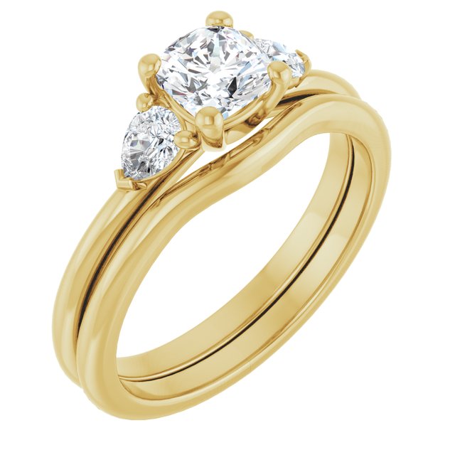 0.96 tcw Cushion Diamond EF/VS1+ Cathedral Three Stone Engagement Ring in 18KY | AllComponents_ViewA