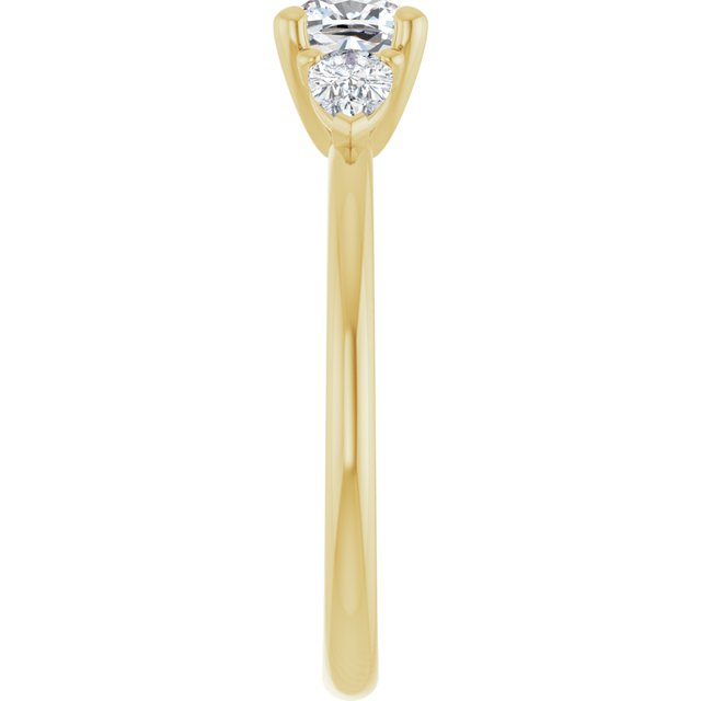 0.96 tcw Cushion Diamond EF/VS1+ Cathedral Three Stone Engagement Ring in 18KY | ViewE
