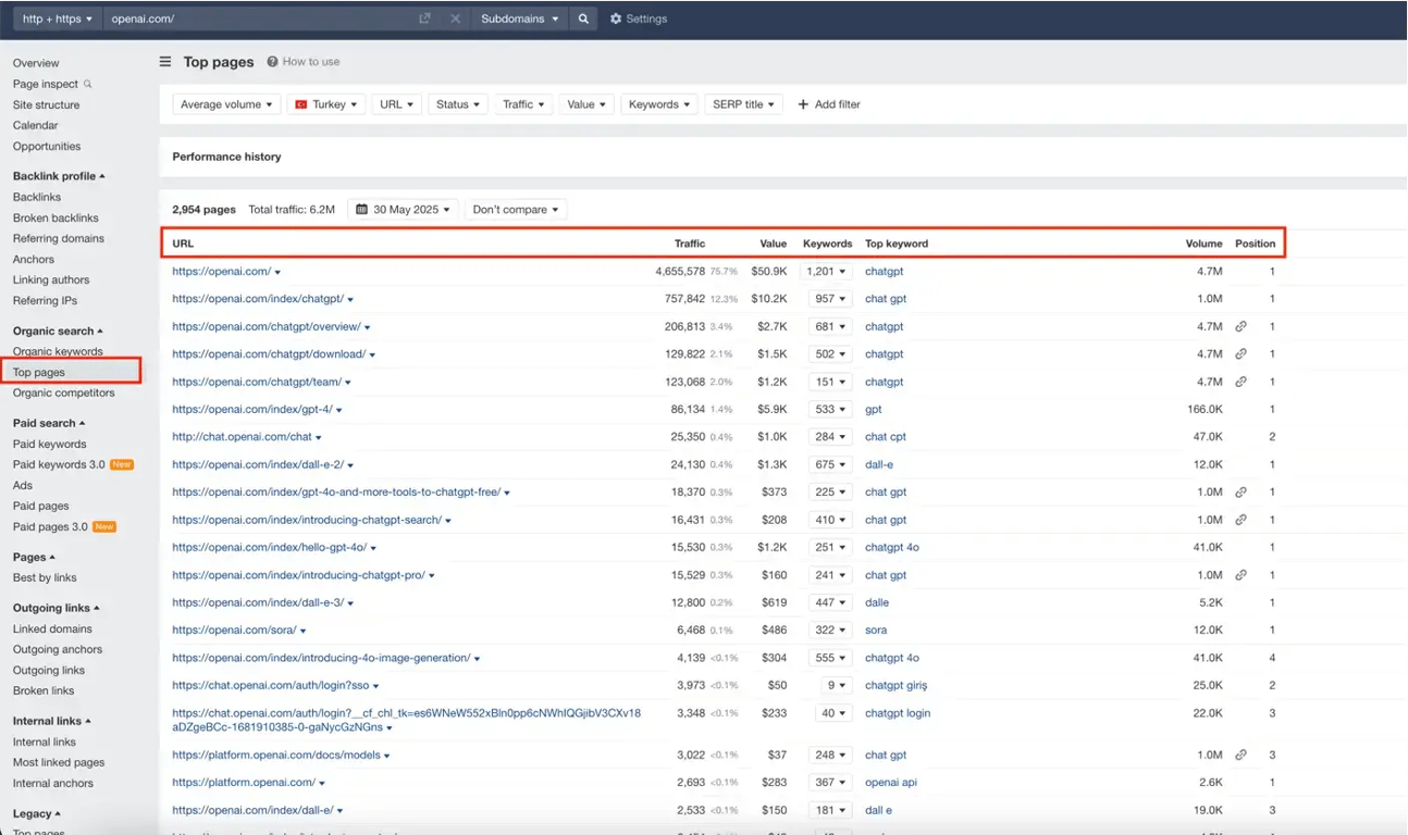 ahrefs top pages alanı 