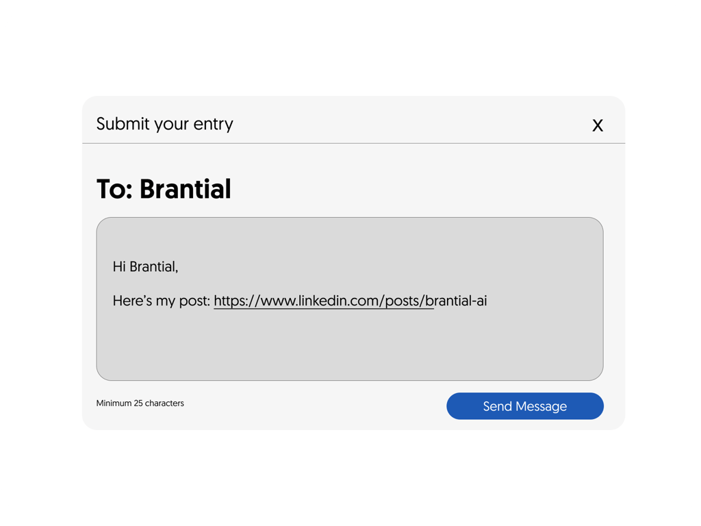 Message draft to Brantial containing the LinkedIn post URL for submission.