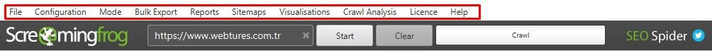 Screaming Frog Menü Öğeleri